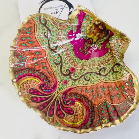 Jaipur Indian Spice Scallop Shell Dish, Gold Leaf Trinket Dish, Paisley Jewellery Holder, Dorset Coastal Decor