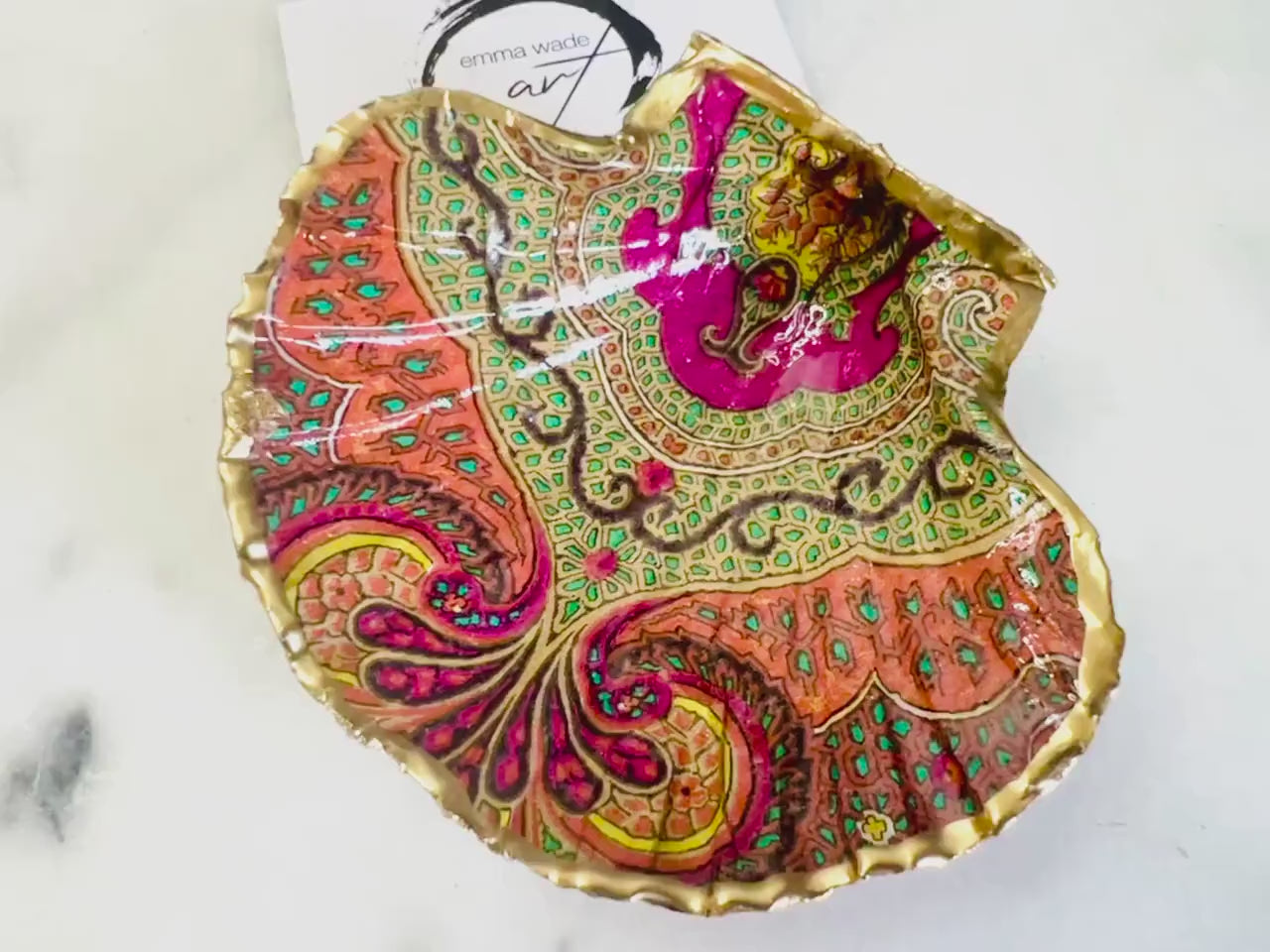 Jaipur Indian Spice Scallop Shell Dish, Gold Leaf Trinket Dish, Paisley Jewellery Holder, Dorset Coastal Decor