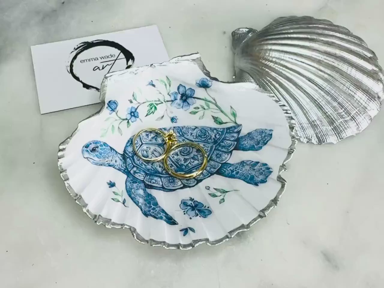 Illustrated Sea Turtle Scallop Shell Ring Dish | Delft Blue Coastal Jewellery Tray | Original Artwork Trinket Dish | Beach House Decor