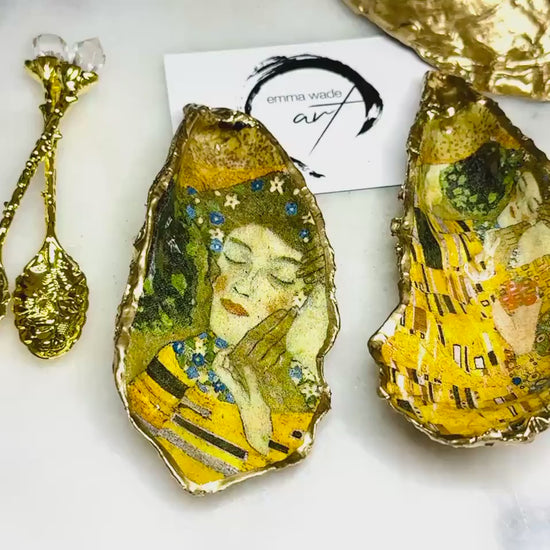 Gustav Klimt’s Kiss Oyster Shell Salt and Pepper Pinch Pots | Gold Leaf Coastal Serving Dishes | Coastal Wedding Gift