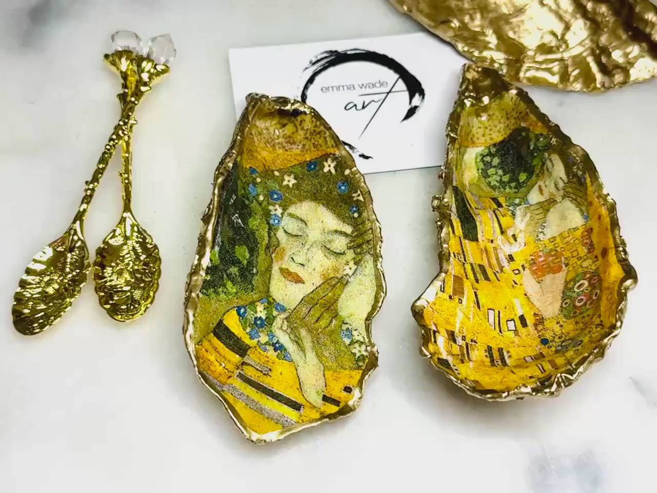 Gustav Klimt’s Kiss Oyster Shell Salt and Pepper Pinch Pots | Gold Leaf Coastal Serving Dishes | Coastal Wedding Gift