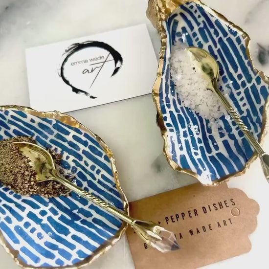 Blue Lines Oyster Shell Salt & Pepper Pinch Pots, Gold Leaf Trim Shell Cruet Set, Handmade Coastal Gift
