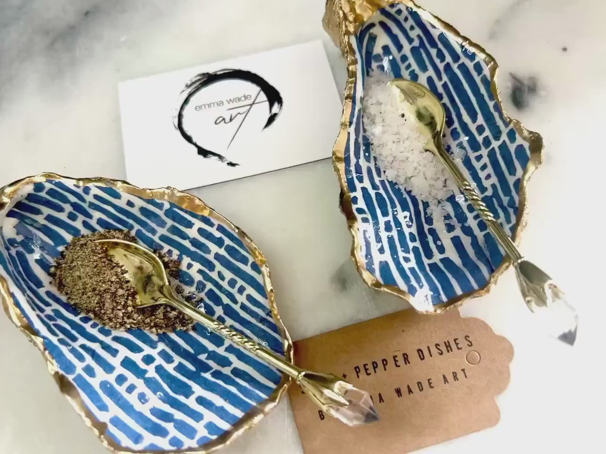 Blue Lines Oyster Shell Salt & Pepper Pinch Pots, Gold Leaf Trim Shell Cruet Set, Handmade Coastal Gift