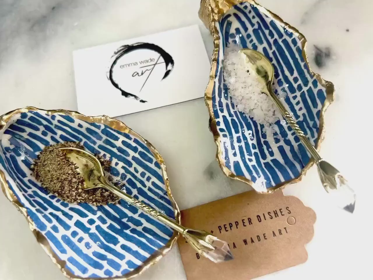 Blue Lines Oyster Shell Salt & Pepper Pinch Pots, Gold Leaf Trim Shell Cruet Set, Handmade Coastal Gift