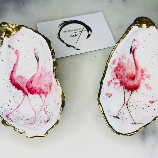 Pink Flamingo Oyster Shell Trinket Dish | Hand Gilded Gold Leaf Jewellery Holder | Coastal Flamingo Decor