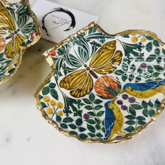Birds and Butterflies Scallop Shell Trinket Dish, Gold Leaf Resin Shell Dish, Handmade Dorset Coastal Decor Gift