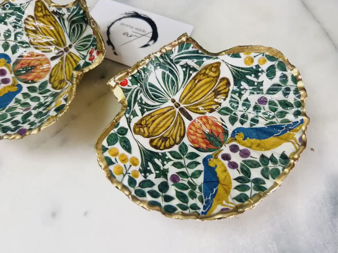 Birds and Butterflies Scallop Shell Trinket Dish, Gold Leaf Resin Shell Dish, Handmade Dorset Coastal Decor Gift