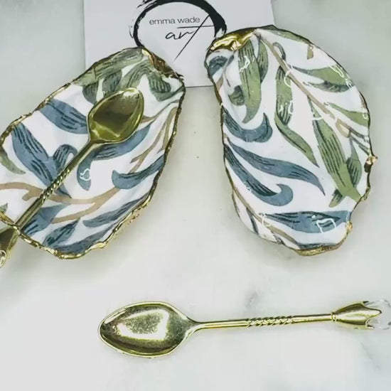 Pair of William Morris, Willow Bough Oyster Salt and Pepper Set, Gilded Gold Leaf Oyster Salt Gift, Coastal Decor