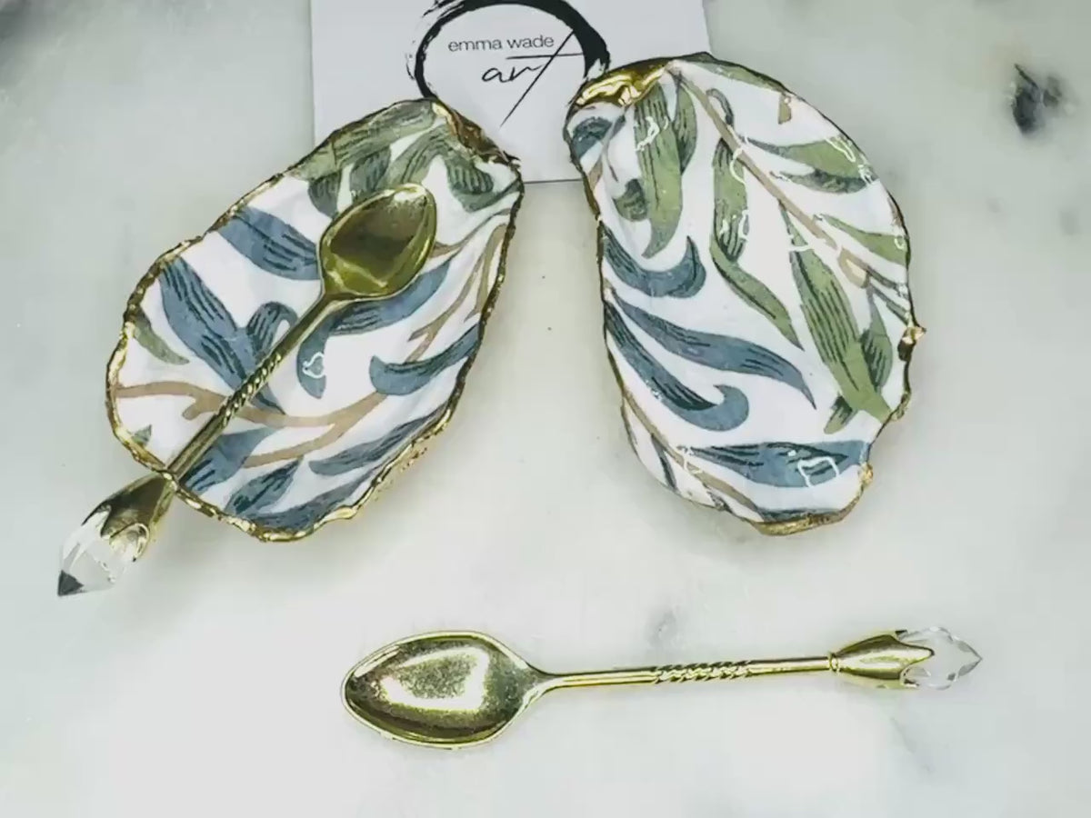 Pair of William Morris, Willow Bough Oyster Salt and Pepper Set, Gilded Gold Leaf Oyster Salt Gift, Coastal Decor