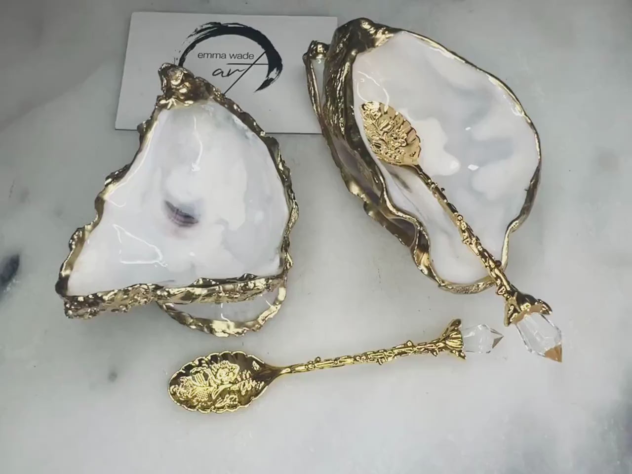 Natural Oyster Shell Salt & Pepper Pinch Pot Set | Gold Leaf Oyster Cruet Dishes | Coastal Table Décor Gift | Add on gold spoons