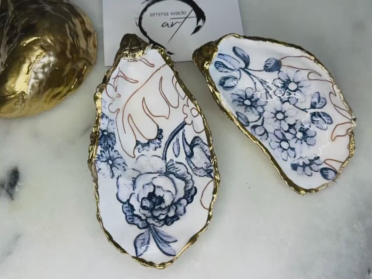 Palmers Print Dorset Oyster Trinket Dish: Blue & White Floral Coastal Decor, Shell ring dish, Host gift