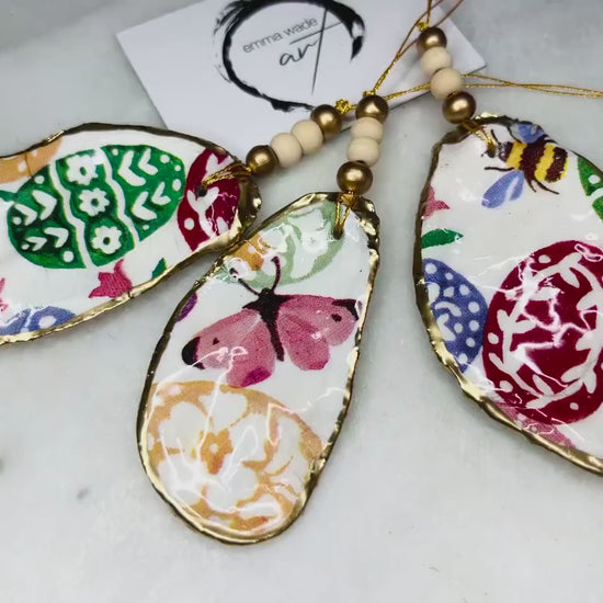 Emma Bridgewater =Floral Oyster Ornament Set: Shell Hanging Coastal Decoration, Bee Lover Gift, Butterfly Ornament, Individual or a set of 3