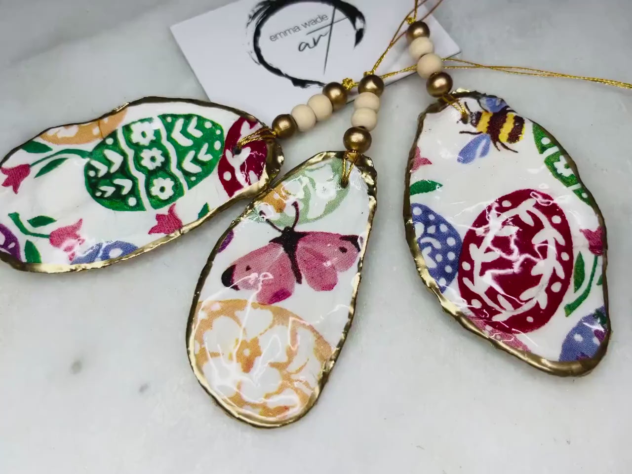 Emma Bridgewater =Floral Oyster Ornament Set: Shell Hanging Coastal Decoration, Bee Lover Gift, Butterfly Ornament, Individual or a set of 3