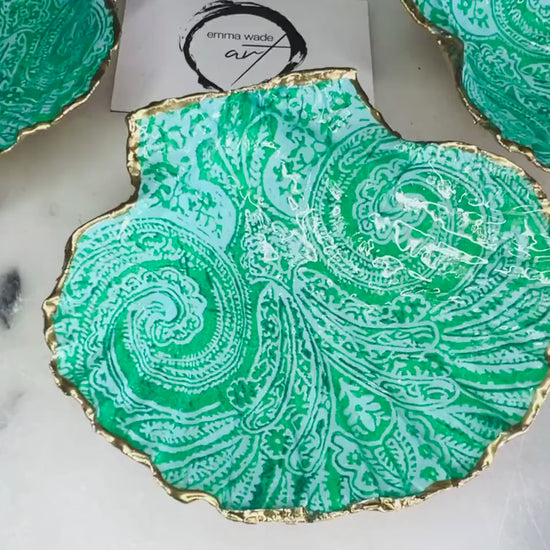Hand-Gilded Paisley Scallop Shell Trinket Dish | Aqua & Green Gold Leaf Jewellery Tray | Coastal Shell Art | Boho Ring Dish Gift