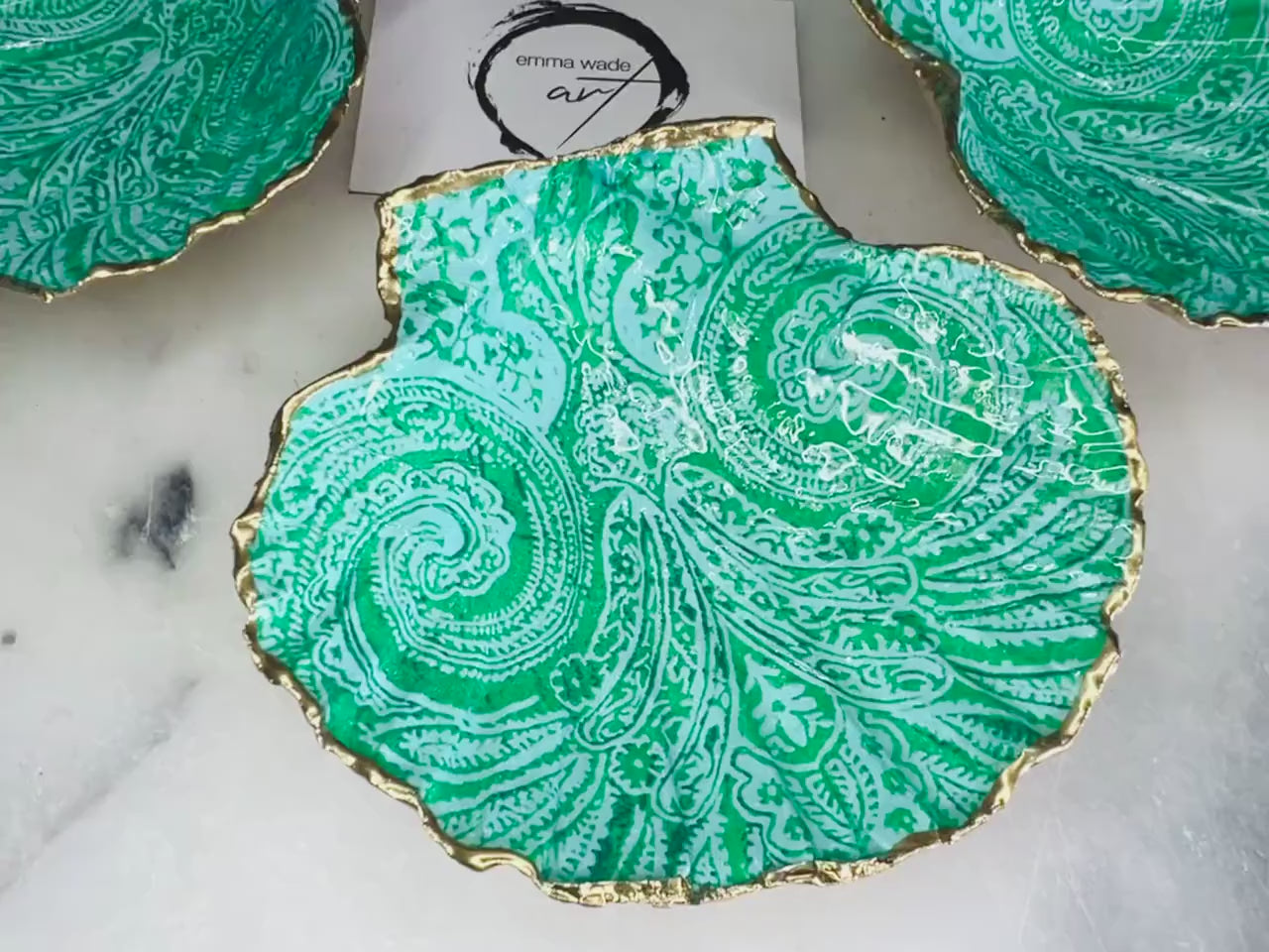 Hand-Gilded Paisley Scallop Shell Trinket Dish | Aqua & Green Gold Leaf Jewellery Tray | Coastal Shell Art | Boho Ring Dish Gift