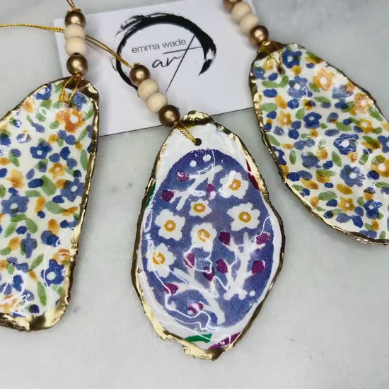 Emma Bridgewater Blue Spring Floral Oyster Ornament Set: Gold Leaf Shell Hanging Coastal Decoration, UK Handmade, Coastal Decor