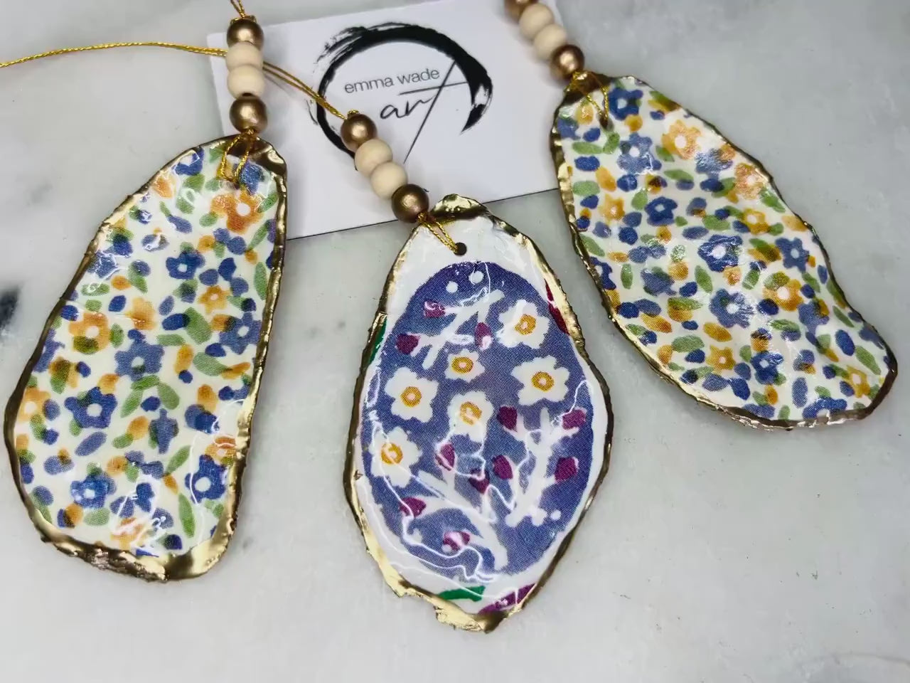 Emma Bridgewater Blue Spring Floral Oyster Ornament Set: Gold Leaf Shell Hanging Coastal Decoration, UK Handmade, Coastal Decor