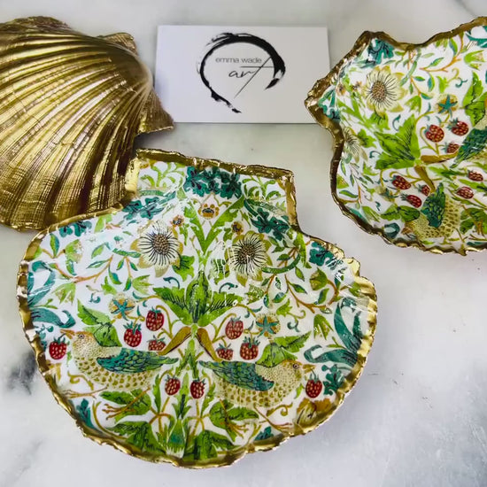 William Morris Green Strawberry Thief Scallop Trinket Dish: Shell Ring Tray, Heritage Gift, Floral Ring Holder