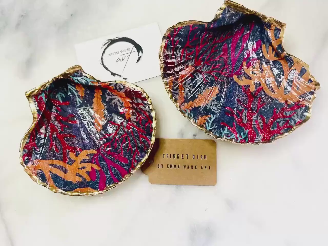 Hand Gilded Scallop Shell Trinket Dish, Coral Reef Coastal Jewellery Holder, Red Seaweed Ring Dish, Handmade Dorset Shell Decor