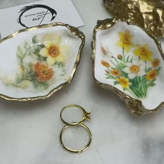 Handcrafted Yellow Orange Spring Flowers Trinket Dish - Gold Gilded Ring Holder - Coastal Inspired Gift.