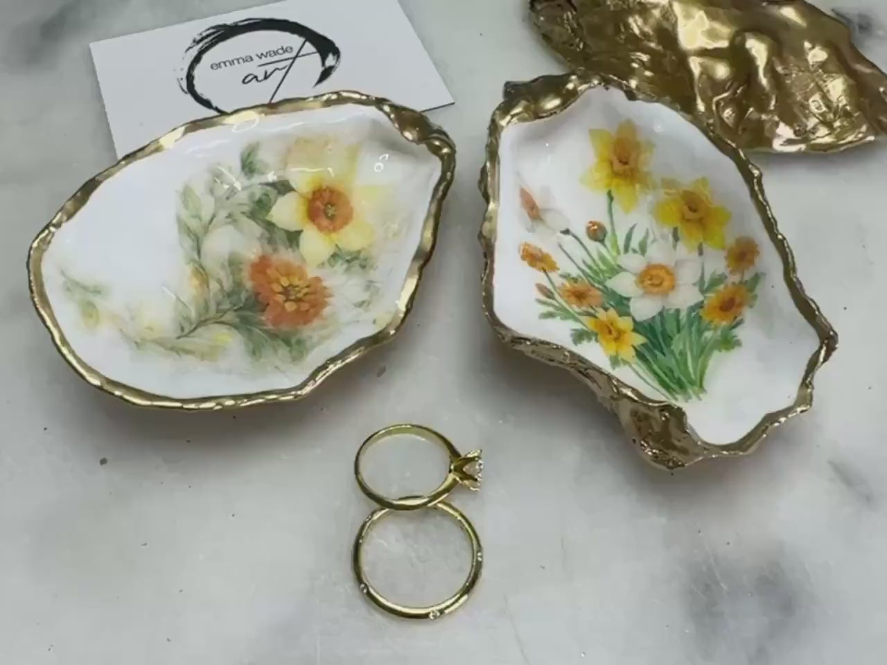 Handcrafted Yellow Orange Spring Flowers Trinket Dish - Gold Gilded Ring Holder - Coastal Inspired Gift.