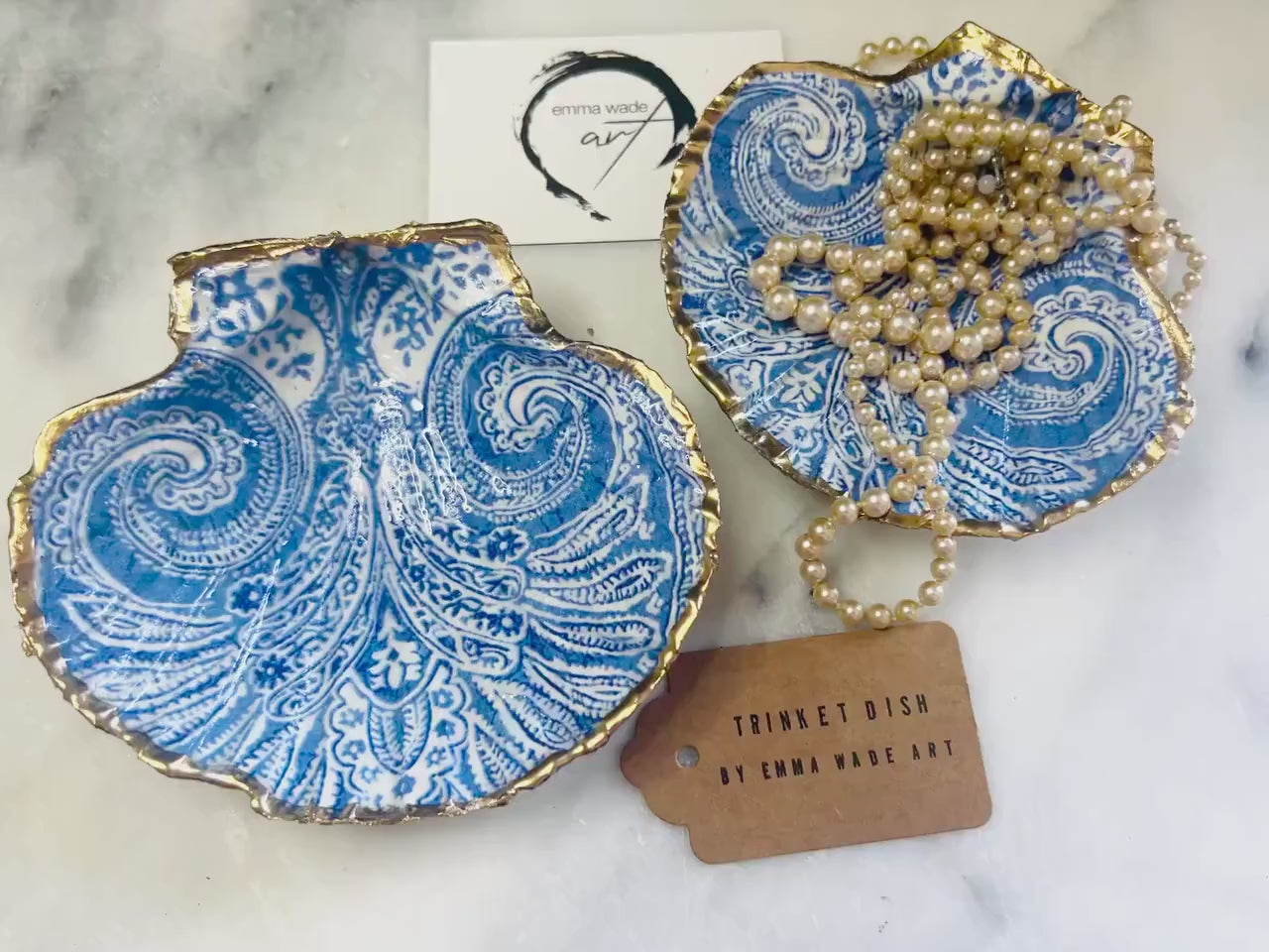 Blue White Paisley Scallop Ring Catcher | Gold Leaf Shell Jewellery Tray | Coastal Decor | Paisley gift idea