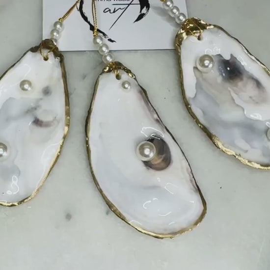 Dorset Oyster Shell Ornaments | 2 Swarovski pearls | Gold Leaf Shell Coastal Decor | Luxury Decoration | Available individually or as a set