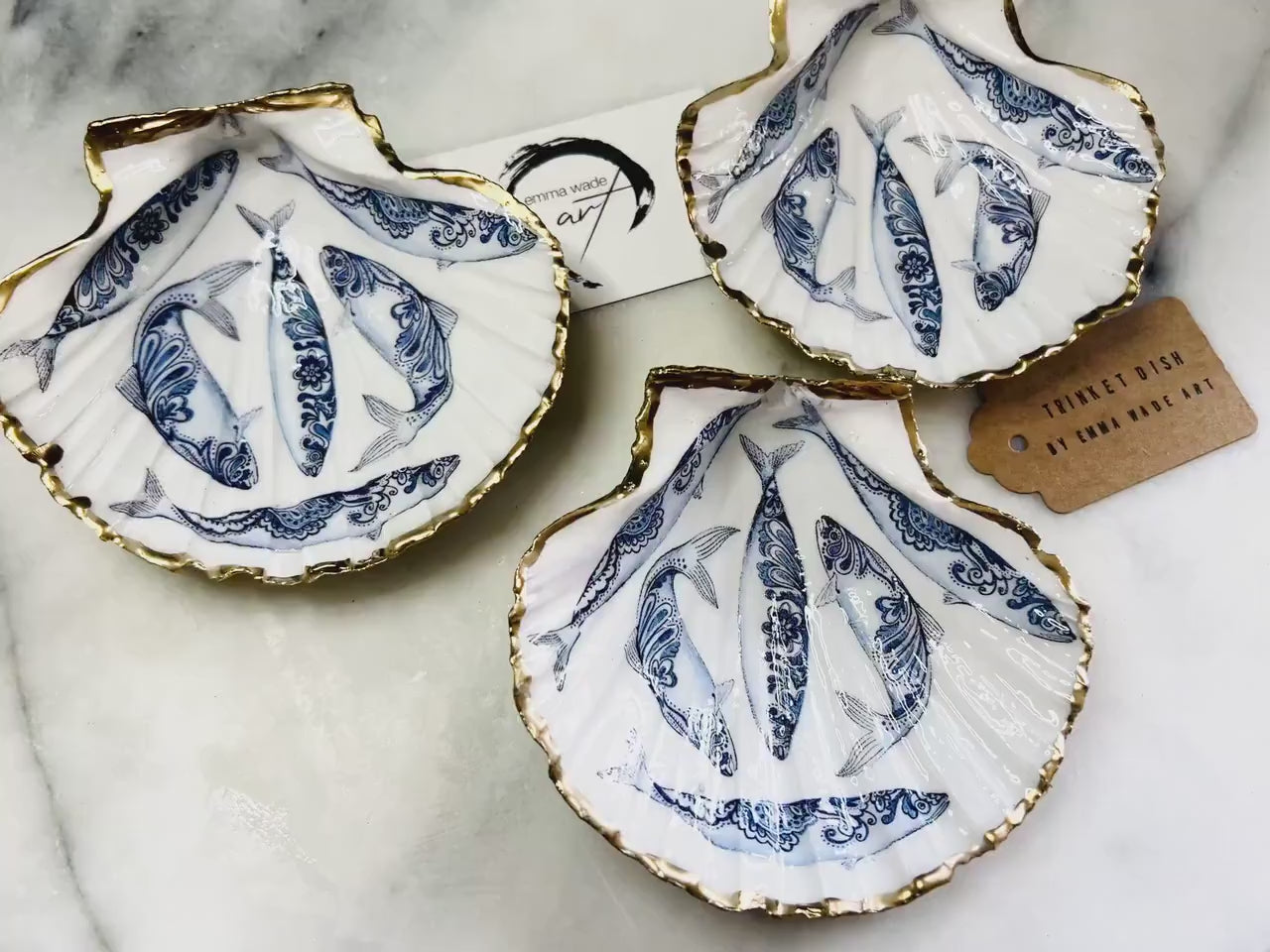 Paisley Fish Scallop Shell Trinket Dish | Blue & White Coastal Decor | Gold Leaf Jewellery Dish | Scandinavian Ocean Gift