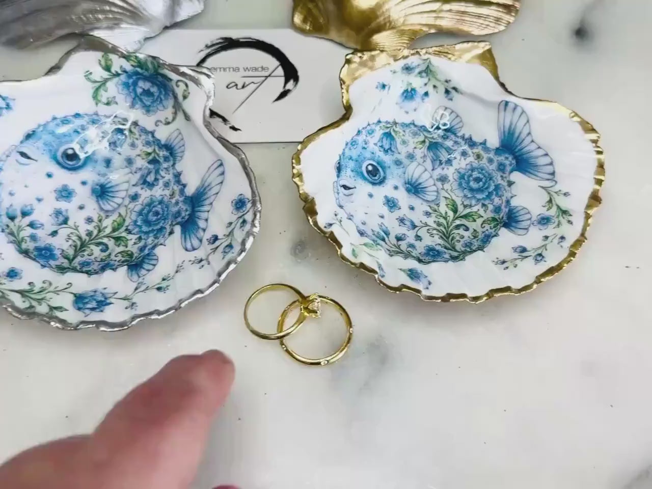 Delft Blue Puffer Fish Scallop Shell Dish | Original Fish Illustration Ring Holder | Gold Leaf or Silver Leaf Jewellery Tray | Emma Wade ART