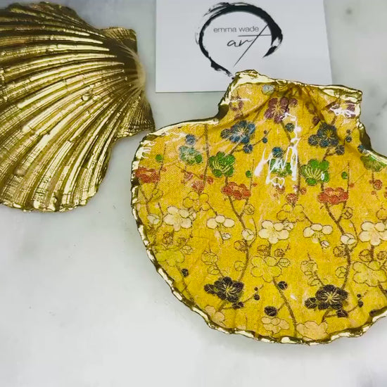 Japanese Plum Blossom Scallop Shell Trinket Dish, Gilded Gold Leaf Jewellery Dish, Dorset Coastal Ring Holder, Handmade Gift