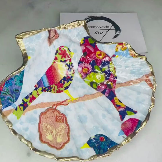 Jewelled Bird Scallop Shell Dish: Gold Leaf Jewellery Trinket Dish, Bird Lover Gift, Coastal Decor
