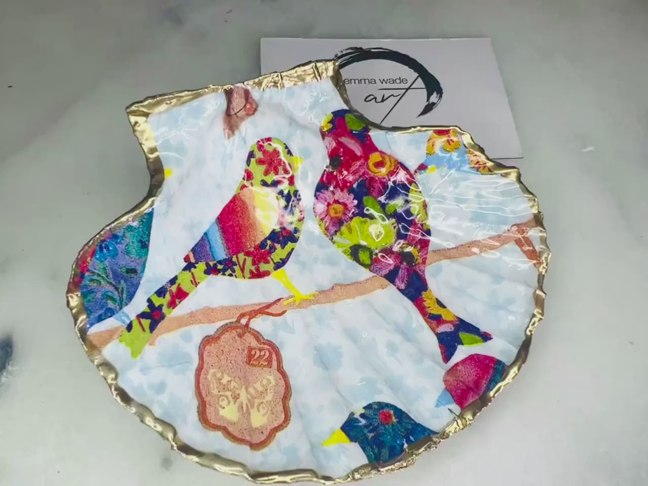 Jewelled Bird Scallop Shell Dish: Gold Leaf Jewellery Trinket Dish, Bird Lover Gift, Coastal Decor
