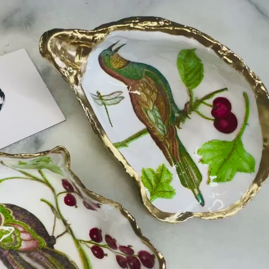 Birds of Paradise Oyster Shell Trinket Dish, Gold Leaf Jewellery Holder, Coastal Bird Decor, Dorset Oyster Shell Gift