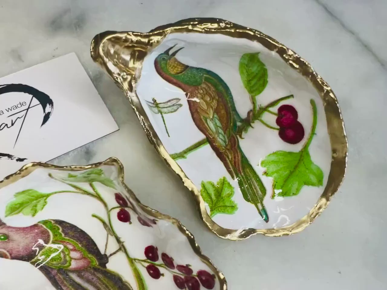 Birds of Paradise Oyster Shell Trinket Dish, Gold Leaf Jewellery Holder, Coastal Bird Decor, Dorset Oyster Shell Gift