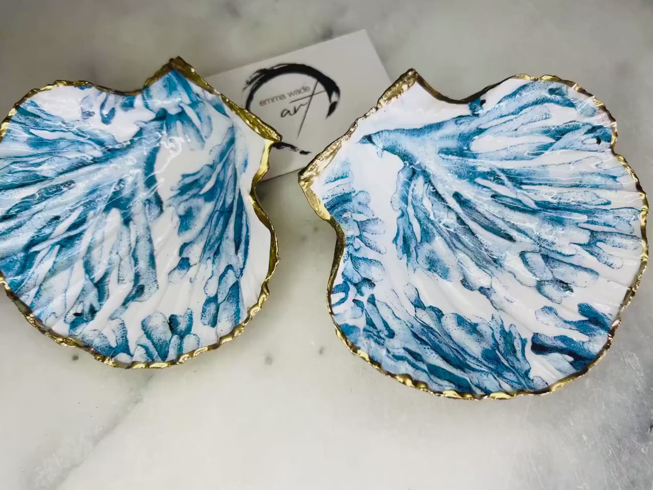 Blue Seaweed Scallop Trinket Dish | Gold Leaf Coastal Shell Ring Catcher | Ocean Decor | Coastal Gift