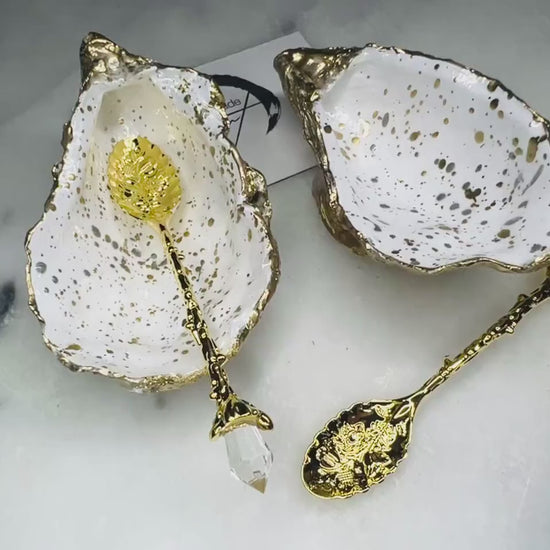 Pair of UK Oyster Gold and Silver Leaf Speckled Oyster Salt and Pepper Dishes: Coastal Decor, Coastal Tableware, add on gold spoons