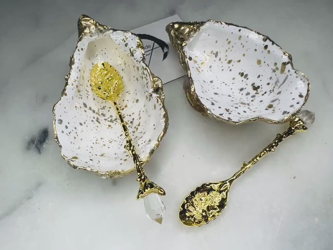 Pair of UK Oyster Gold and Silver Leaf Speckled Oyster Salt and Pepper Dishes: Coastal Decor, Coastal Tableware, add on gold spoons