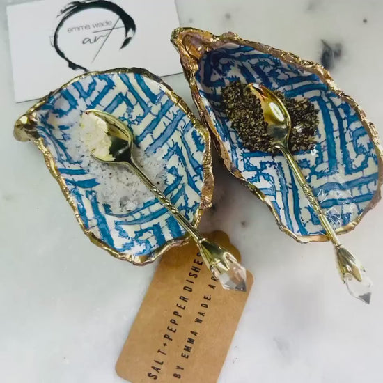 Blue Fretwork Oyster Shell Salt & Pepper Pinch Pots, Gold Leaf Shell Cruet Set, Handmade Coastal Gift