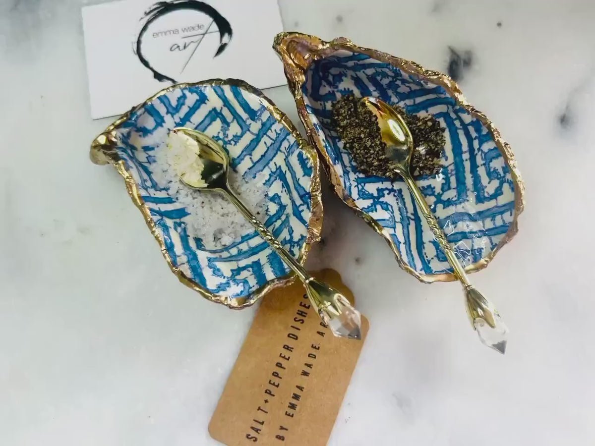 Blue Fretwork Oyster Shell Salt & Pepper Pinch Pots, Gold Leaf Shell Cruet Set, Handmade Coastal Gift