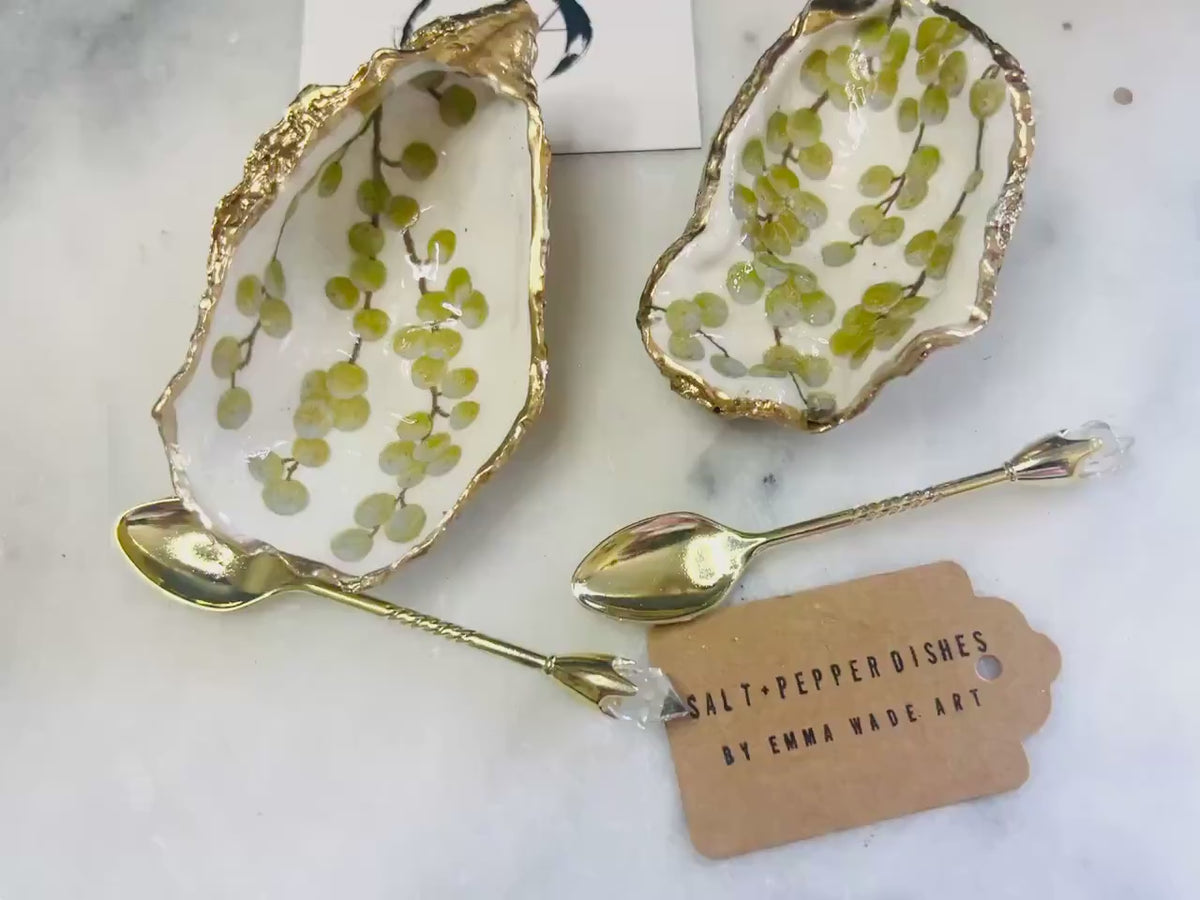 Pair of Gold Leaf Oyster Shell Salt and Pepper Pinch Pots | White Berry Coastal Decor | Handmade Dorset Shell Gift | Wedding Table Styling