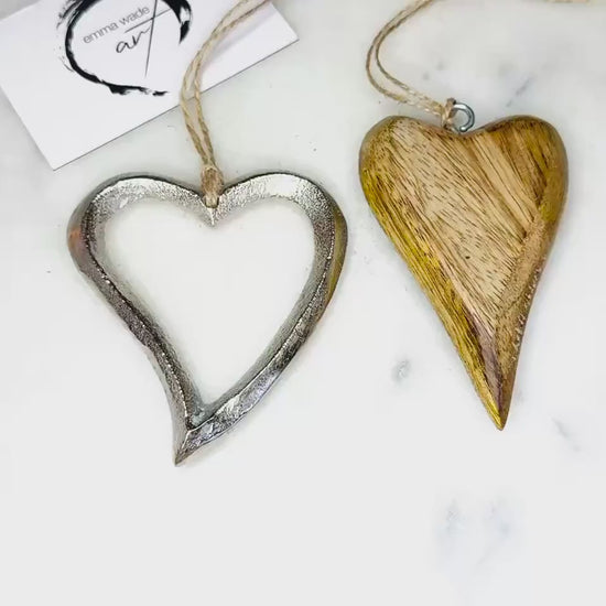 Hand Finished Wood and Silver Heart Hanging Ornaments. Coastal Decor. Available individually or as a set.