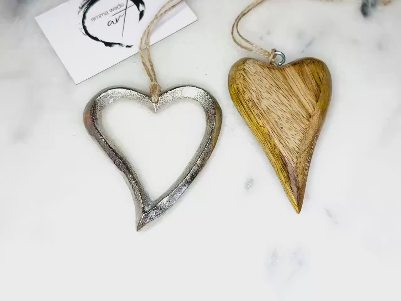 Hand Finished Wood and Silver Heart Hanging Ornaments. Coastal Decor. Available individually or as a set.