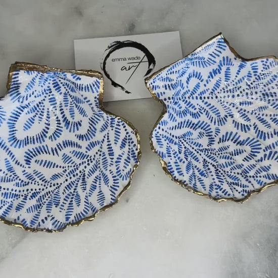 Block Print Scallop Shell Trinket Dish, Blue Leaf Jewellery Tray, Gold Leaf Resin Shell, Handmade Coastal Decor Gift