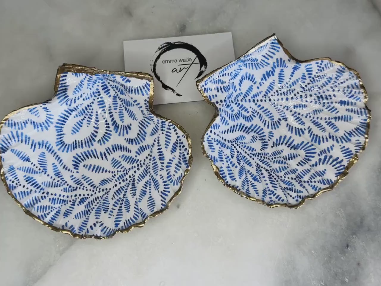 Block Print Scallop Shell Trinket Dish, Blue Leaf Jewellery Tray, Gold Leaf Resin Shell, Handmade Coastal Decor Gift