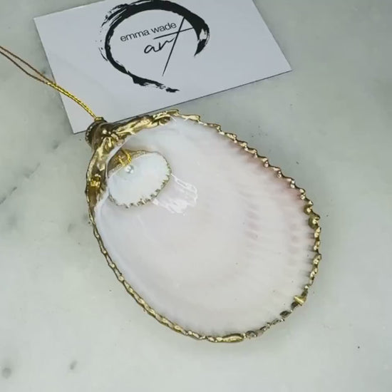 UK Dorsest Cockle Shell Hanging Ornament with an inset pearl: Pearl Ornament, Luxury Gold Leaf decoration, Coastal decor