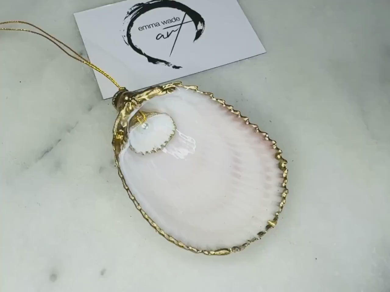 UK Dorsest Cockle Shell Hanging Ornament with an inset pearl: Pearl Ornament, Luxury Gold Leaf decoration, Coastal decor