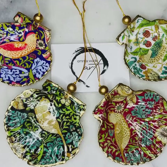 William Morris Strawberry Thief Shell Hanging Ornaments | 4 Designs Available | Bird Lover Hanging Ornament | Coastal Shell Decor