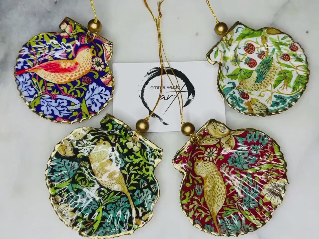 William Morris Strawberry Thief Shell Hanging Ornaments | 4 Designs Available | Bird Lover Hanging Ornament | Coastal Shell Decor
