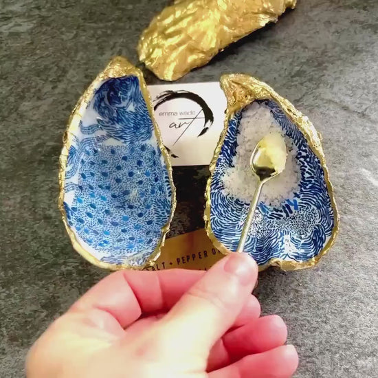 Pair of Finnish Marimekko Oyster Shell Salt and Pepper Pinch Pots: Gold Spoons Optional, Blue Floral Shell Cruet Set, Coastal Salt Gift