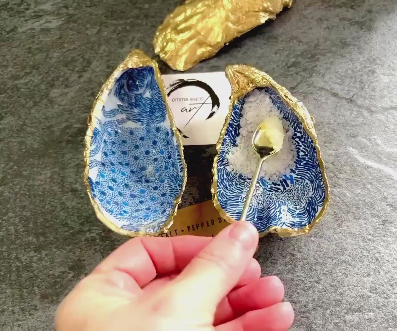 Pair of Finnish Marimekko Oyster Shell Salt and Pepper Pinch Pots: Gold Spoons Optional, Blue Floral Shell Cruet Set, Coastal Salt Gift